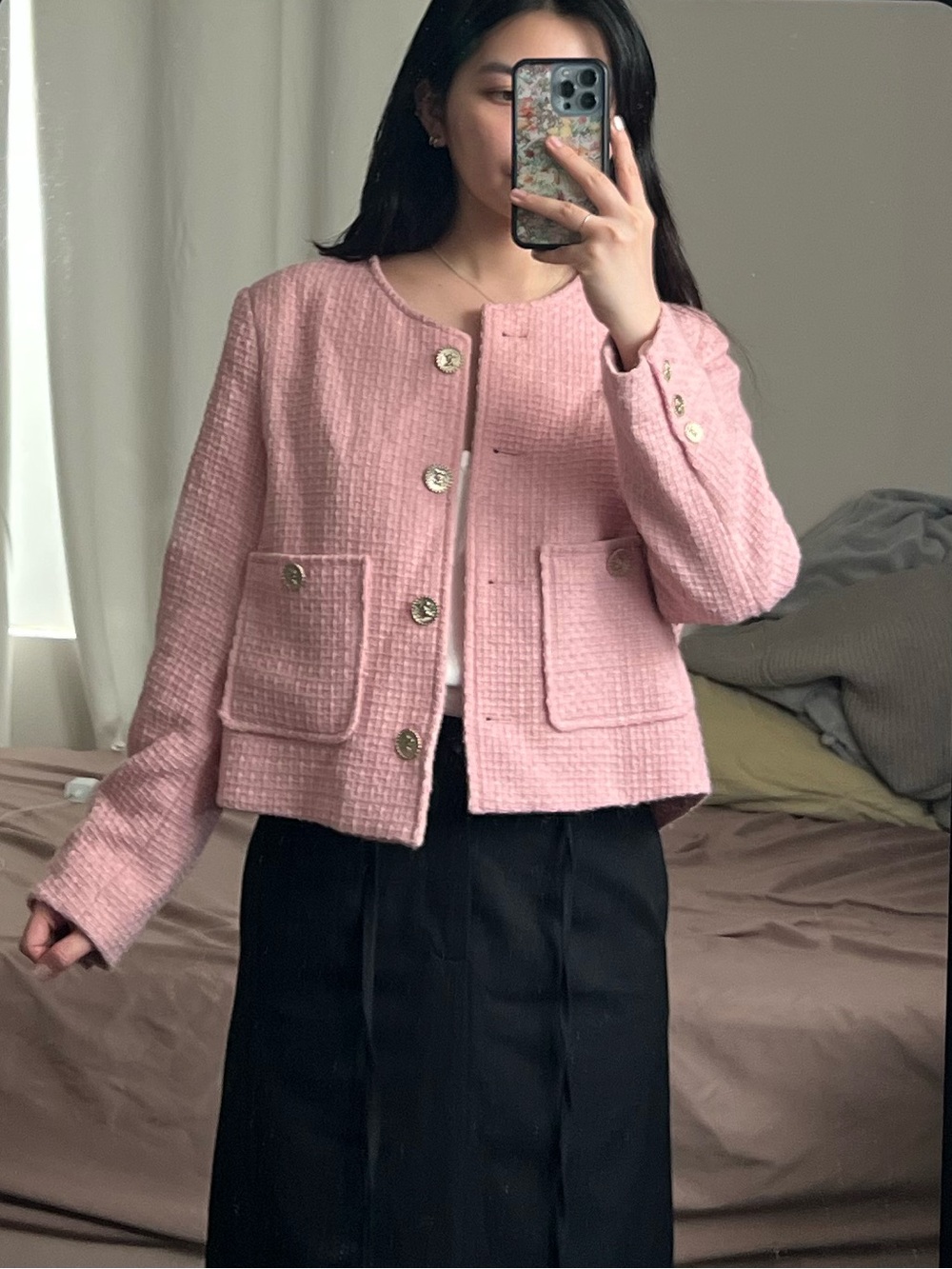 Cropped Pink Tweed Jacket with Pocket Detail